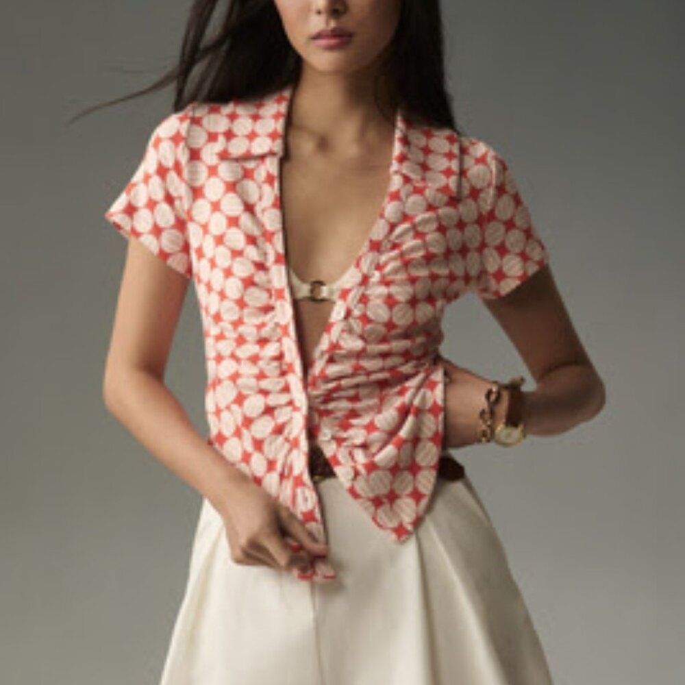 Maeve Ruched Red and White Patterned Blouse Anthropologie